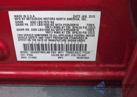 2015 Mitsubishi Outlander Sport Es from USA, damaged, VIN 4A4AP3AU3FE022825